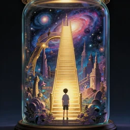 majestic stairways to otherworldly galaxies inside a glass jar admired by a boy, high intricate details, rule of thirds, golden ratio, cinematic light, 8 k, octane render, anime style, graphic novel by fiona staples and dustin nguyen, art by beaststars and orange, peter elson, alan bean, studio ghibli, makoto shinkai
