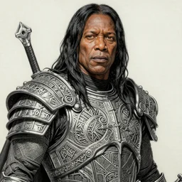 A hyper-detailed, ultra-detailed, full-color photorealistic mixed media painting of James Earl Jones as Thulsa Doom with long black hair and intricately carved rune armor, fineliner illustration with slight bleeding, from Moonshadow, by Bill Sienkiewicz, Travis Charest and Stephen Gammell
