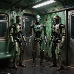 animatronic humanoid figures on the subway, dimly lit, distressed Venetian green plaster walls, liminal space, haunting atmosphere, gothic, photorealistic, hyperdetailed 3D matte painting, hyperrealism, hyperrealistic, cinematic, silent hill, horror style, unrealengine octane render