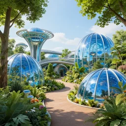 futuristic zoo built in london with trees, enclosures and blue glass domes, wide view, volumetric light, hyperdetailed, artstation, cgsociety, 8 k