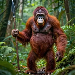“tall Goblin orangutan hybrid with mange holding a spear, jungle background”