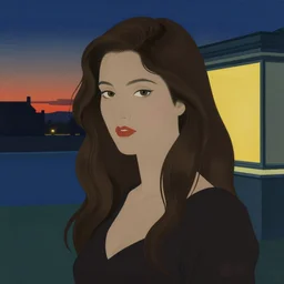a portrait of a beautiful brunette female model with dramatic lighting, by kawase hasui, moebius, edward hopper, colorful flat surreal design, hd, 8 k, artstation