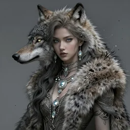 beautiful extremely detailed intricate concept art depicting a woman wearing a wolf pelt by wlop. shining jewelry. grey atmosphere. particles in the background. bcy. net