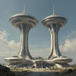 2 strange looking structures in the sky tower above futuristic space port, a detailed matte painting by Fabio Montorzi, cgsociety, afrofuturism, matte painting, concept art, sci-fi