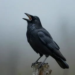 crow cawing. full subject portrait. atmospheric lighting. foggy background. highly detailed matte painting by greg rutkowski.