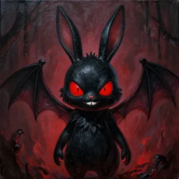 A extremely highly detailed demonic scary evil painting of a humanoid black cartoon rabbit with red eyes smiling