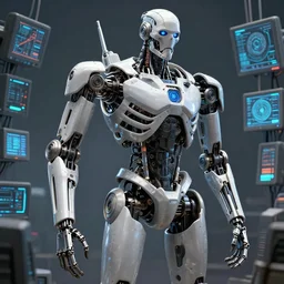 skeleton made of mechanical parts by giger, cyborg, android, cyberpunk, hyper realistic, borg, far shot, computers, detailed