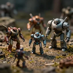 miniature figurines of robot monsters, close up, detail, tilt shift, product photography