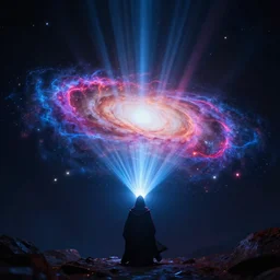 a mage projecting colored plasma representing a galaxy, add god rays and cinematic render
