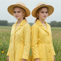 anya taylor - joy emma watson, symmetrical front view, blond ponytail, straw hat, full body front shot, yellow coat, meadow background, highly detailed, digital painting, artstation, concept art, sharp focus, illustration, art by aleksi briclot, raphael lacoste, magali villeneuve