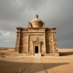 a monolithic temple in a desert. overcast sky, grainy.