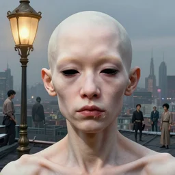 closeup portrait of eyeless albino mandarin with thin, stained lips and smoking eye sockets standing under rococo lamp on rooftop overlooking the city, science fiction concept art by j. c. leyendecker, greg rutkowski, yoshitaka amano, and rembrandt