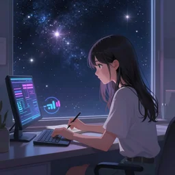 a beautiful anime-style digital concept painting of a young woman studying alone in front of a window with a view of the universe, lofi beats, by Stanley Artgerm Lau, WLOP, Rossdraws, LeraPi, and Sakimichan, trending on artstation