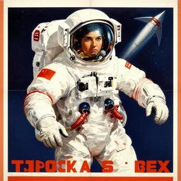 space program propaganda poster, astronaut, soviet propaganda style