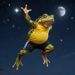 an toad! with green muscular body jumps to the sky to become one with the stars, wearing yellow sleeveless shirt and black sport shorts, cosmos, moon, by mucha and caspar david friedrich, atmospheric lighting, intricate detail, cgsociety, hyperrealistic, octane render, rpg portrait, ambient light, dynamic lighting