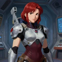 samus exosuit portrait. ship interior bg. screenshot of a scene in metroid zero of christina hendricks as samus aran painted by norman rockwell. character designed by hideaki anno. deep red hair. digital. lighting by james gurney. trending on artstation. masterpiece. artgerm alphonso mucha greg rutkowski.
