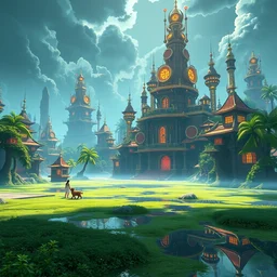 a wholesome animation key shot of a sci - fi city on swamp planet by studio ghibli, animation, sharp, rendered in unreal engine 5, focused, anime key art by greg hildebrant, bloom, dramatic lighting