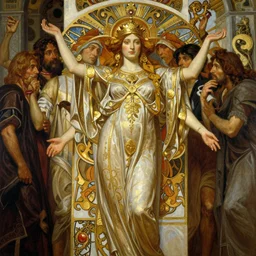 hyper realistic painting of slavic deity, gold ornaments, flowing fabric, intrincate detail, detailed faces by wayne barlowe, gustav moreau, goward, gaston bussiere and roberto ferri, santiago caruso, and austin osman spare, ( ( ( ( occult art ) ) ) ) bouguereau, alphonse mucha, saturno butto