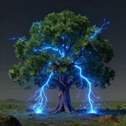 A colorized matte painting of Tree surrounded by concentrated blue electrical discharges shooting sparks into the air and onto the ground surrounding the tree landscape by CGSociety