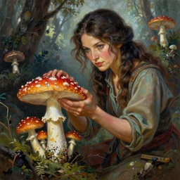 A mixed media portrait painting of a beautiful mycologist woman tending her amanita muscaria mushrooms, detailed Aesthetic! face and eyes, slavic, by Frank Frazetta, Greg Rutkowski, Beeple, Boris Vallejo, Yoko Taro, Christian MacNevin, epic fantasy character art, high fantasy, CGsociety, full length, exquisite detail, post-processing, masterpiece, cinematic