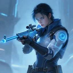 a futuristic cyberpunk blue and white neon sniper, diffuse lighting, fantasy, highly detailed, photorealistic, digital painting, artstation, illustration, concept art, smooth, sharp focus, in the style of tom bagshaw
