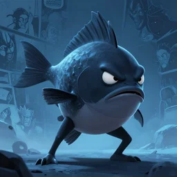portrait of an antropomorphic fish creature, black fins, human body, angry look, ready for battle, masterpiece, matte painting concept blizzard pixar maya engine on cold night stylized background splash comics global illumination lighting artstation lois van baarle, ilya kuvshinov, rossdraws
