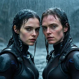 cinestill 5 0 d candid photographic portrait by christopher nolan of two loving female androids wearing rugged black mesh techwear in treacherous waters, extreme closeup, modern cyberpunk retrofuturism moody emotional cinematic, pouring colorful rain, 8 k, hd, high resolution, 3 5 mm, f / 3 2, ultra realistic faces, ex machina