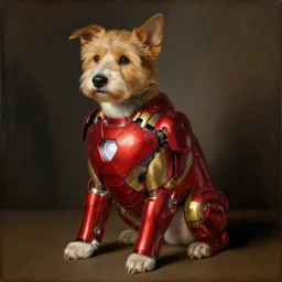 renaissance painting of an anthropomorphic dog wearing an iron man suit