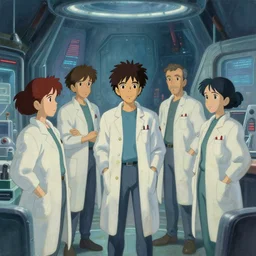 oil sci fi painting of a group of scientist, with lab coats, in a futuristic cyber laboratory, octane rendering, trending on artstation, by, studio ghibli, michael whealan and james gurney
