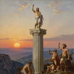 an awe-inspiring John Atkinson Grimshaw and Thomas Kinkade style painting of Zeus contemplating humanity's predicament atop an enormous Greco-Roman column while the sun sets upon Mount Olympus in the distance