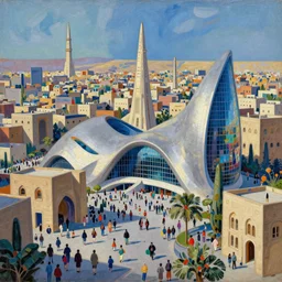 a beautiful painting of baghdad city, crowded people, city landscape, zaha hadid, louis kahn, fantasy, futuristic, by yves tanguy, trending on artstation, unreal engine