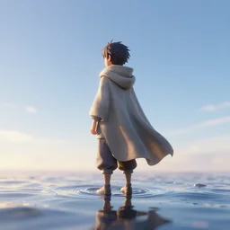 a render of a small character in an anime style with a long fabric cloak looking at the sky and facing away from the camera. there is shiny a liquid reflecting everything from below. 8 k, unreal engine, blender, vaporwareaesthetics, trending on artstation, suntur, caleb worcester, highly detailed, photorealism, bloom effect