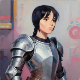 greg manchess portrait painting of partially armored wednesday from addams family as overwatch character, medium shot, asymmetrical, profile picture, organic painting, sunny day, matte painting, bold shapes, hard edges, street art, trending on artstation, by huang guangjian and gil elvgren and greg rutkowski