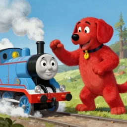thomas the tank engine, melee combat, fighting, clifford the big red dog, in the style of mythical paintings