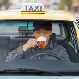 taxi driver drinking tea
