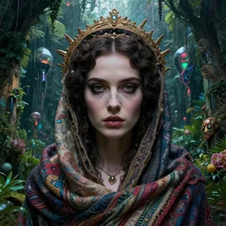 detailed face of a regal woman clothed wrapped in textiles, lush, opulent, walled garden, utopian, tech noir, wet reflections, prism, atmospheric, ambient, pj crook, syd mead, livia prima, artgerm, greg rutkowski, nick alm, casey baugh
