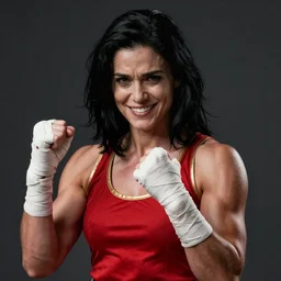 a portrait a woman in her twenties, muscular, wearing red tanktop vest with gold lining, smirking, white bandages on fists, black hair, shoulder length hair, worried, style by donato giancola, wayne reynolds, jeff easley dramatic light, high detail, cinematic lighting, artstation, dungeons and dragons