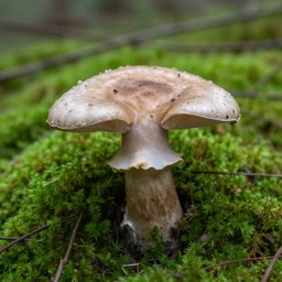 nature photograph of a face shaped mushroom growing on the mossy forest floor