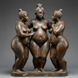 sculpture of 3 beautiful sensual obese black deities touching together, museum artifact