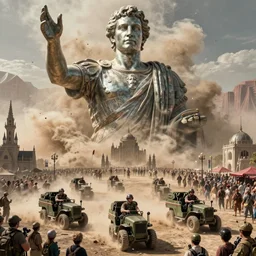 highly detailed photograph a military sponsored coahella with crowds centered around statue of a roman mark zuckerberg, dust storm, cinematic, ultra realistic, realism, intricate, digital art, ambient, by beksinski, by jamie hewlett, gothic art style, 3 5 mm film grain, artstation