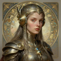 portrait of a female viking, solarpunk, retrofuturist! intricate, elegant, highly detailed, ray tracing, digital painting, artstation, concept art, smooth, sharp focus, illustration, art by artgerm and greg rutkowski and alphonse mucha, 8 k