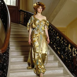 a beautiful woman coming down the stairs in the style of Waterhouse