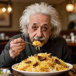 A photo of Albert Einstein eating biriyani, highly detailed, trending on artstation, bokeh, 90mm, f/1.4