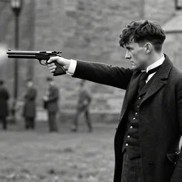 peaky blinders, shooting a gun, cinematic, black and white