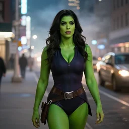 Jessica Nigri as She Hulk on the street in New York City at night, Lights are on down the street, light fog in the backround, cinematic, realistic, detailed, portrait, green skin