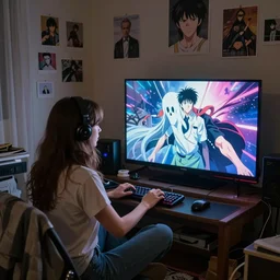 a woman playing video games on the tv in her messy bedroom environment | | fine detail!! anime!! realistic shaded lighting!! by ilya kuvshinov katsuhiro otomo ghost - in - the - shell, magali villeneuve, artgerm, jeremy lipkin and michael garmash and rob rey
