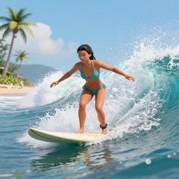attractive bikini girl wave surfing on surfboard on ocean with huge waves near beach with palm tree, 3 d render octane unreal 5, detail, high res, fluid dynamics, in game