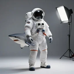 studio photo still of a full body shark shark shark shark in a space suit, 8 k, studio lighting, key light from right side,
