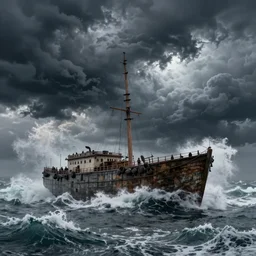 noah's ark among very high seas, massive waves, storm, dark, epic clouds, apocalyptic, dramatic lighting, john martin, michael bay, disaster,