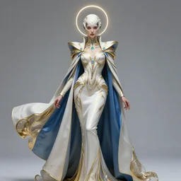 photoshot detailed beautiful noun in white gold blue coat, seductive confident pose, attractive feminine curves, intricate details, futuristic, alien, elegant cape, elegant, photorealism, sharp, holy halo below head, advanced technology, hasselblad shot, art by moebius and vitaly bulgarov and chanthara